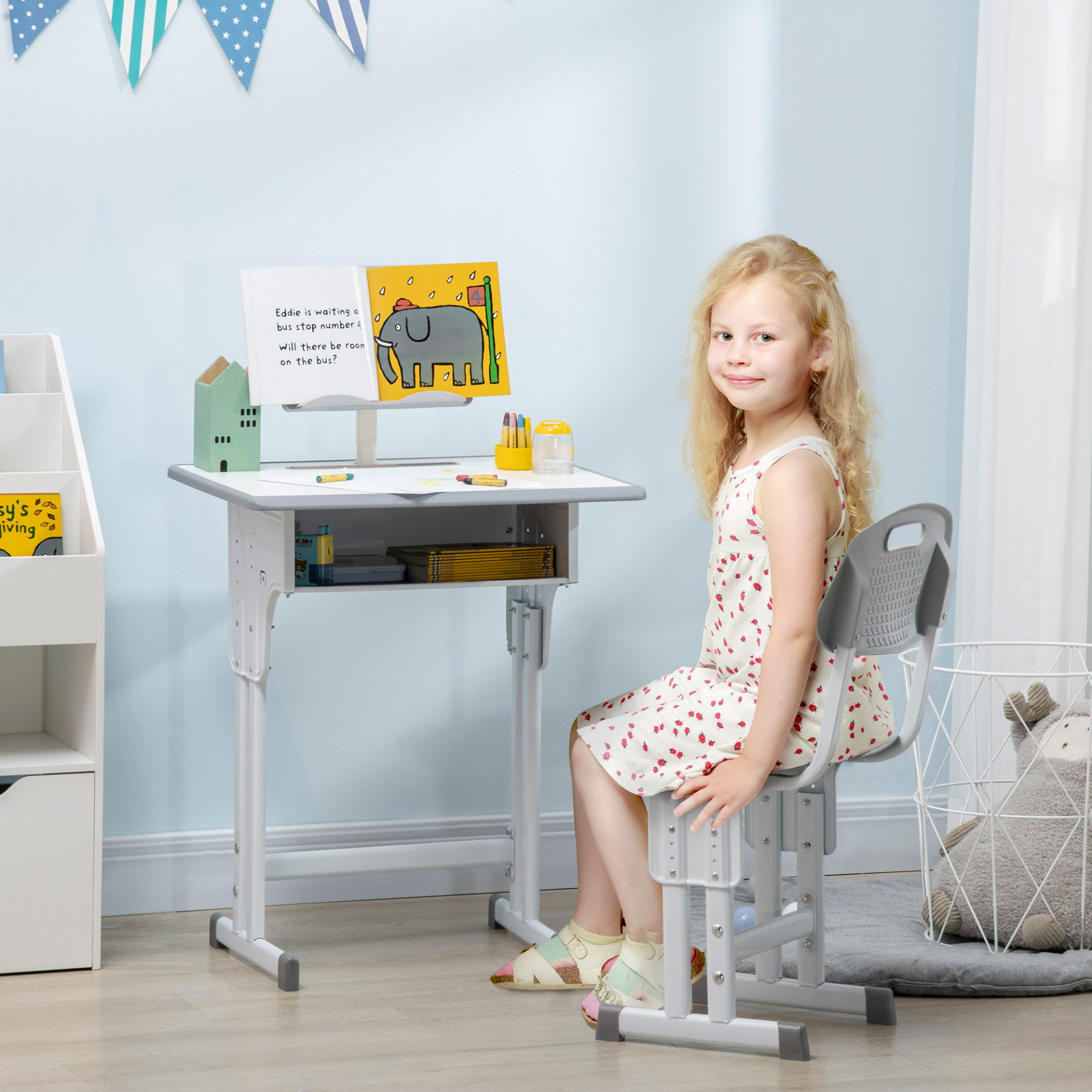 HOMCOM Adjustable Kids Desk and Chair Set - Study Table with Storage, Book Stand, and Cup Holder - Grey | Ideal for Ages 6-12 - BEYRUN