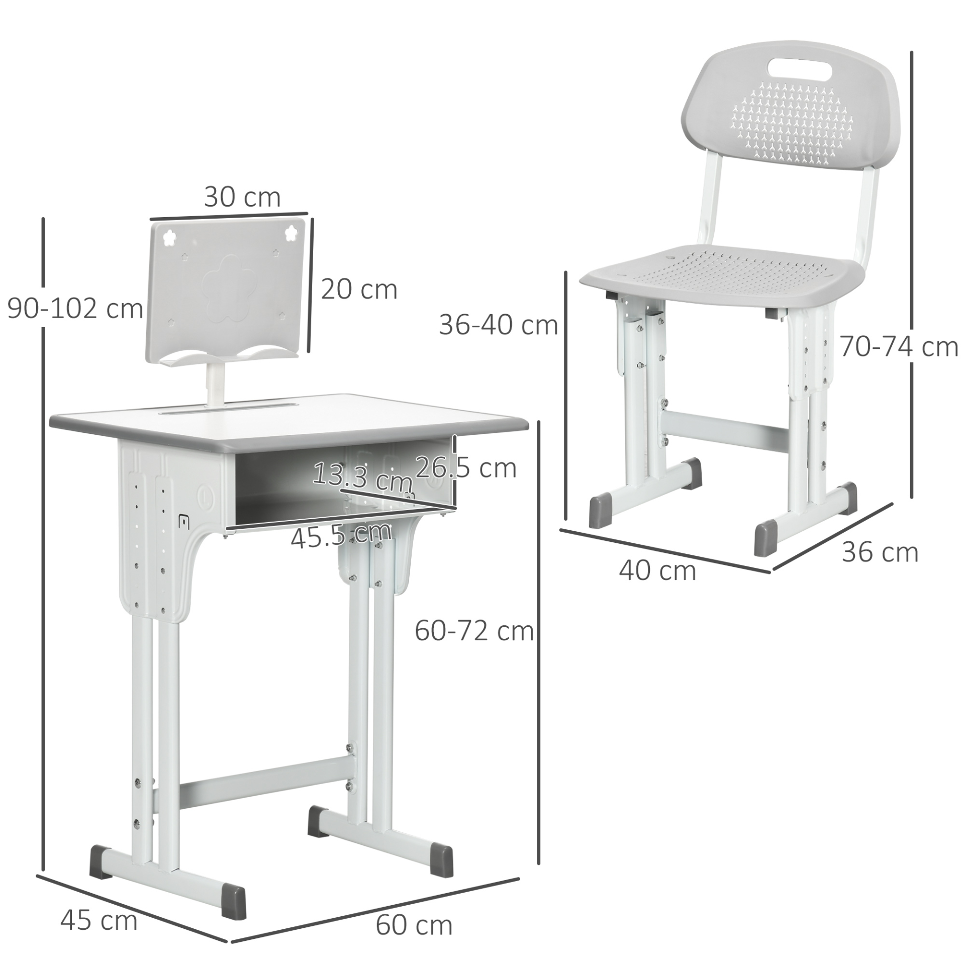 HOMCOM Adjustable Kids Desk and Chair Set - Study Table with Storage, Book Stand, and Cup Holder - Grey | Ideal for Ages 6-12 - BEYRUN