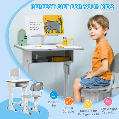 HOMCOM Adjustable Kids Desk and Chair Set - Study Table with Storage, Book Stand, and Cup Holder - Grey | Ideal for Ages 6-12 - BEYRUN