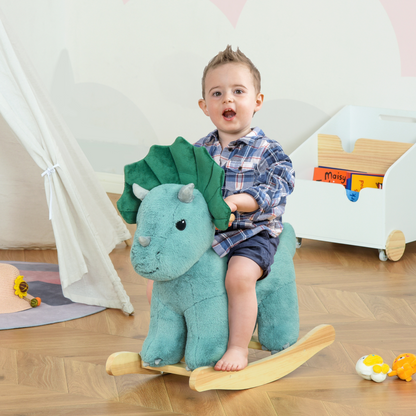 HOMCOM Kids Toddler Rocking Horse Plush Ride On Triceratops Rocker Wooden Base with Sound - Green - BEYRUN