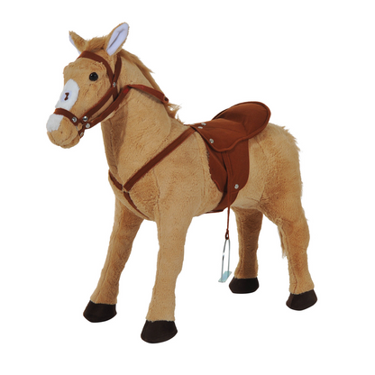 HOMCOM Kids Cuddly Toy Standing Horse Children Plush Soft Pony Ride On Game Play Fun Traditional Gift with Neigh Sound - Beige - BEYRUN