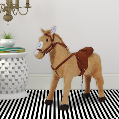 HOMCOM Kids Cuddly Toy Standing Horse Children Plush Soft Pony Ride On Game Play Fun Traditional Gift with Neigh Sound - Beige - BEYRUN