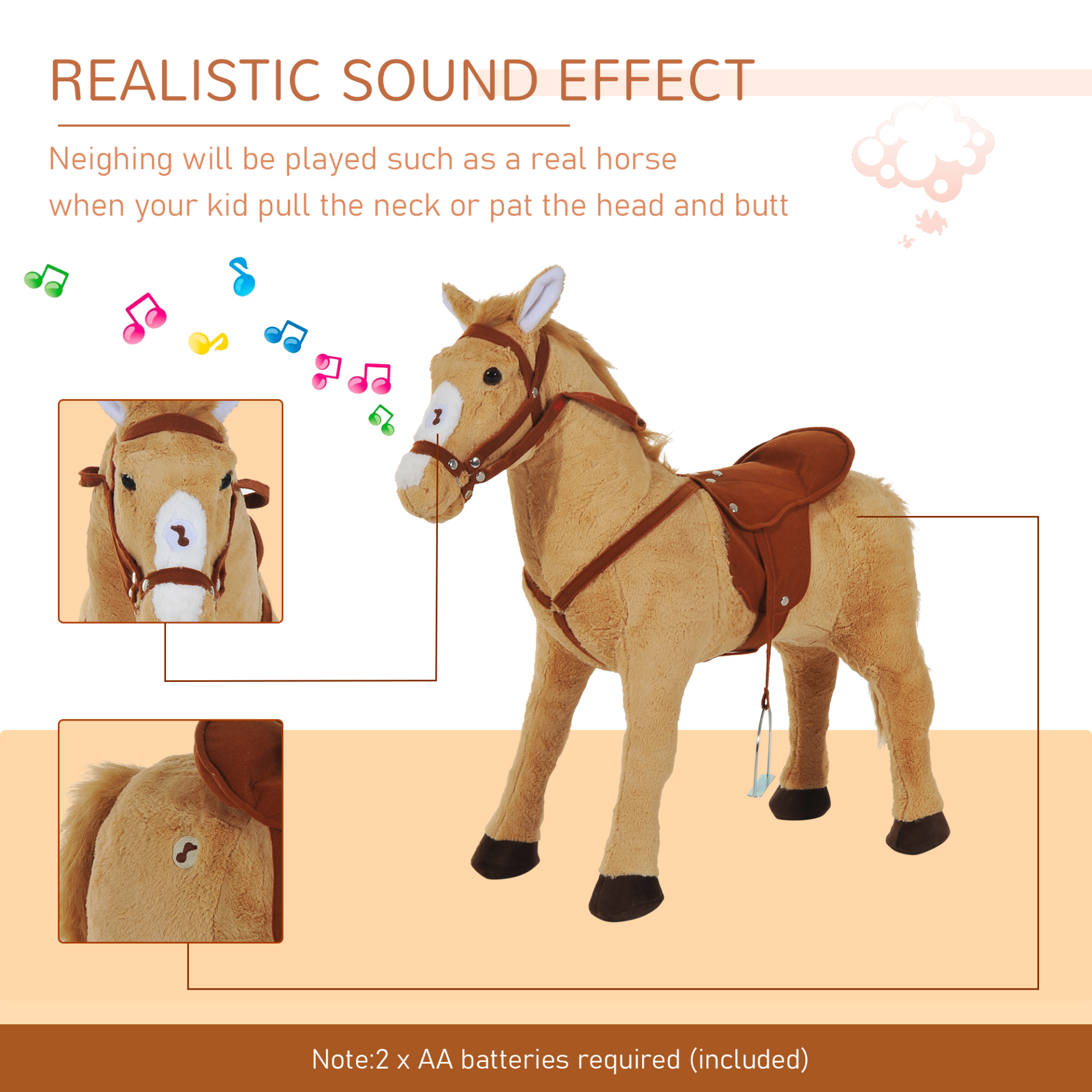 HOMCOM Kids Cuddly Toy Standing Horse Children Plush Soft Pony Ride On Game Play Fun Traditional Gift with Neigh Sound - Beige - BEYRUN