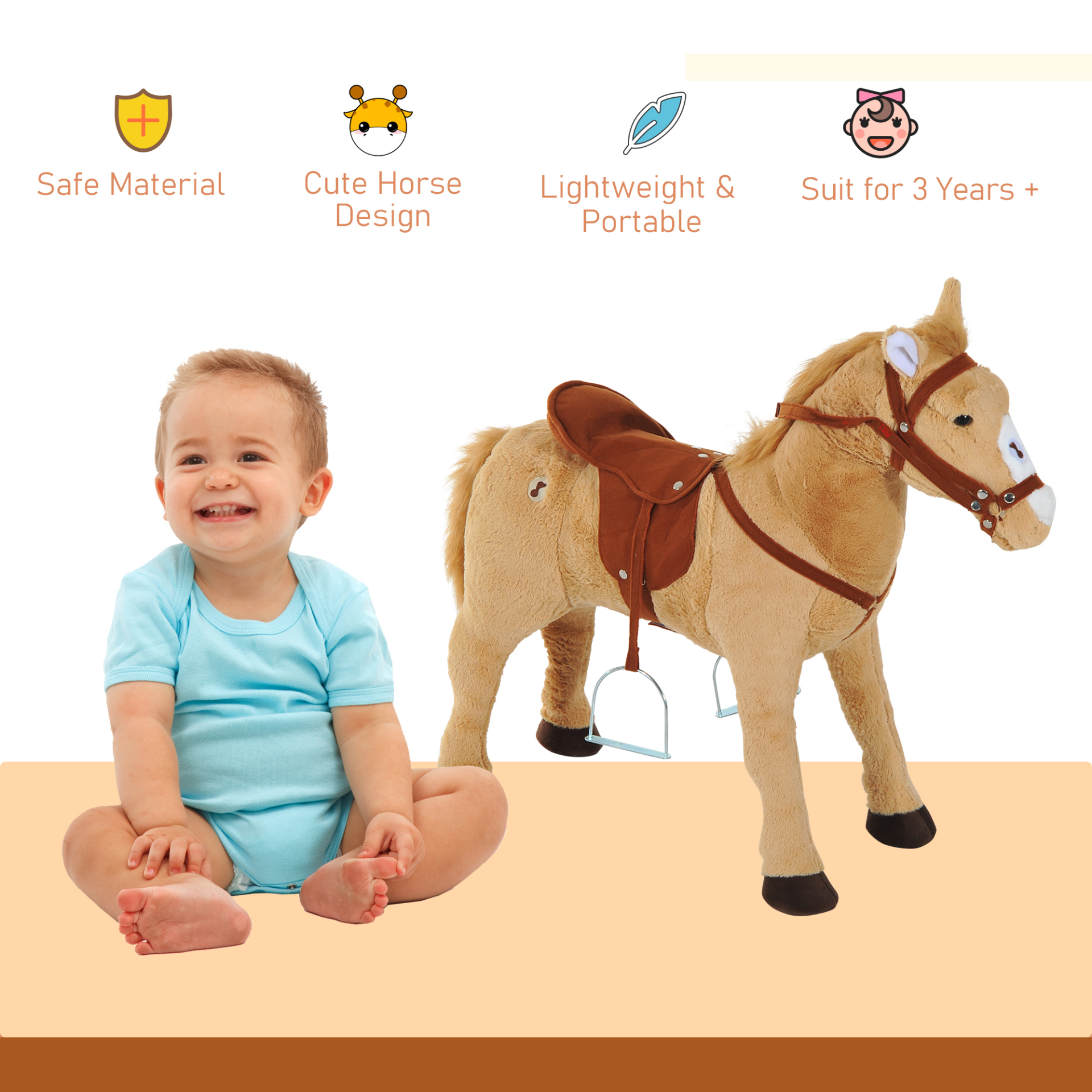 HOMCOM Kids Cuddly Toy Standing Horse Children Plush Soft Pony Ride On Game Play Fun Traditional Gift with Neigh Sound - Beige - BEYRUN