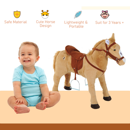 HOMCOM Kids Cuddly Toy Standing Horse Children Plush Soft Pony Ride On Game Play Fun Traditional Gift with Neigh Sound - Beige - BEYRUN