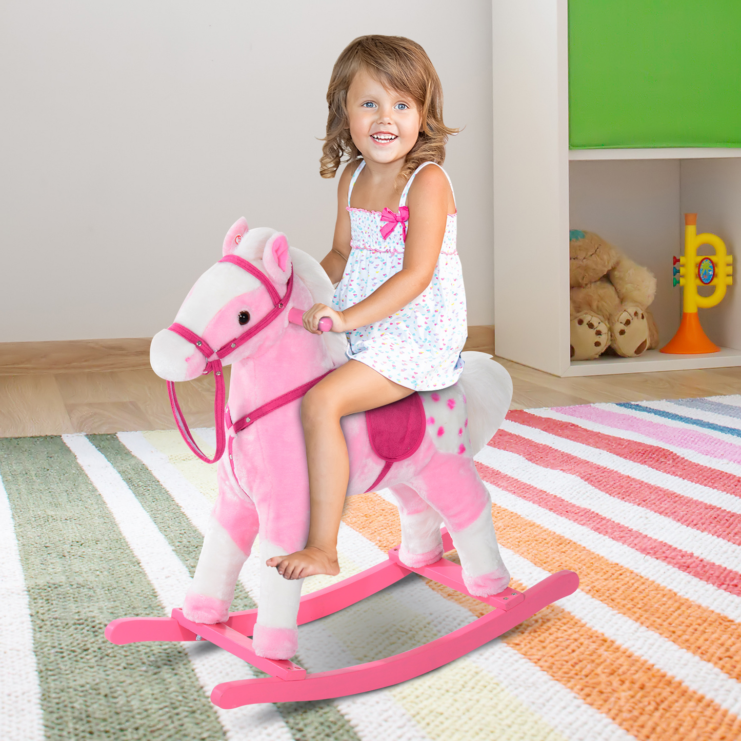 HOMCOM Children Child Kids Plush Rocking Horse with Sound Handle Grip - Traditional Toy Fun Gift Pink - BEYRUN