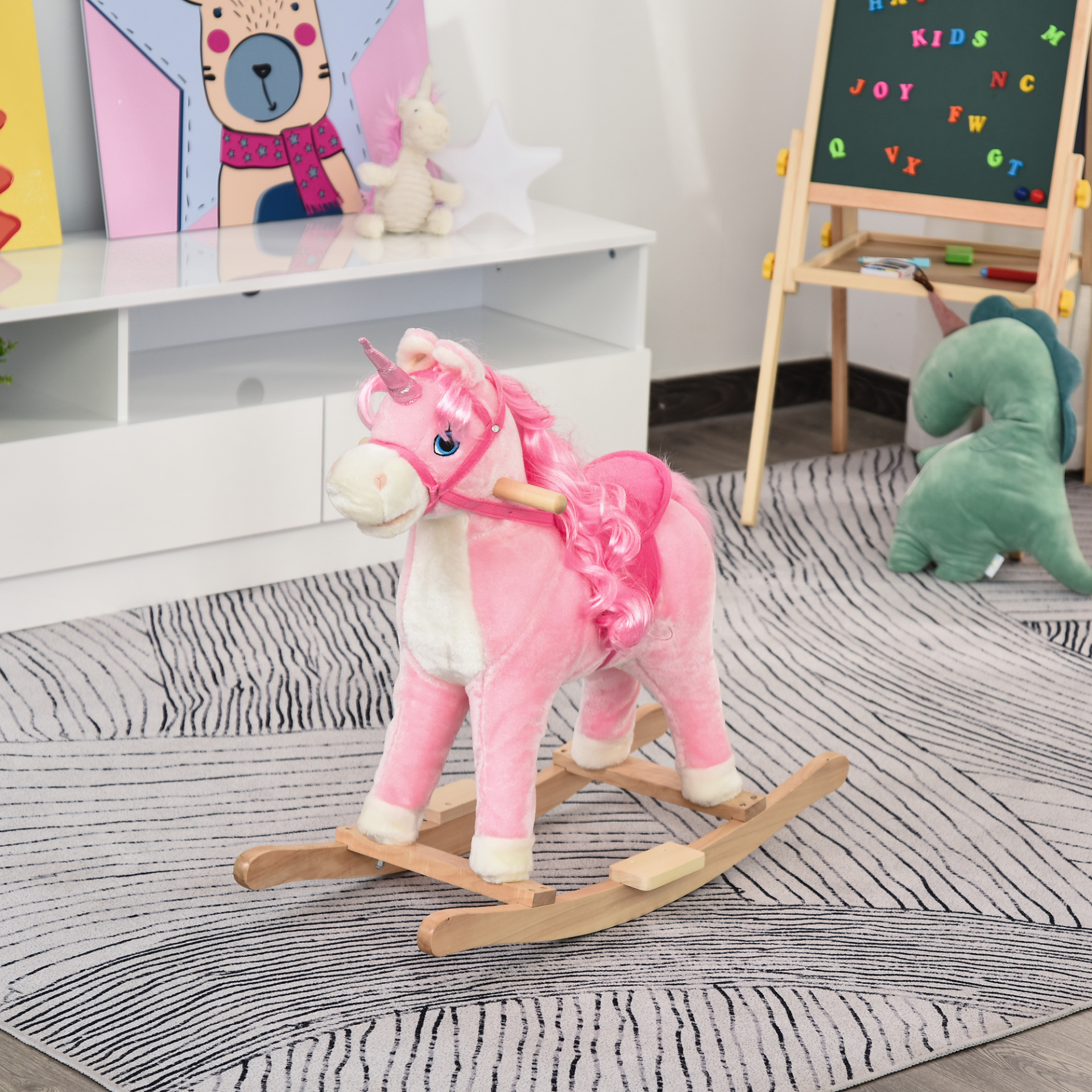 HOMCOM Kids Plush Rocking Horse Ride On Unicorn - Interactive Toy for Children 36-72 Months Pink - BEYRUN