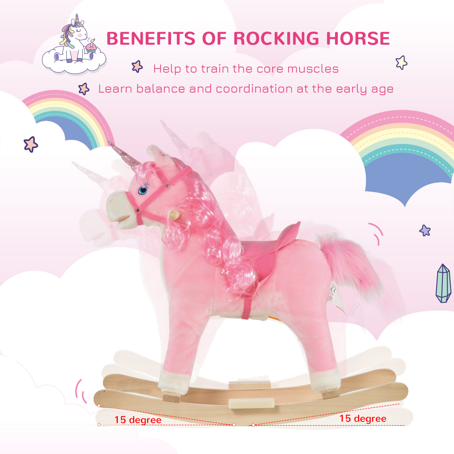 HOMCOM Kids Plush Rocking Horse Ride On Unicorn - Interactive Toy for Children 36-72 Months Pink - BEYRUN