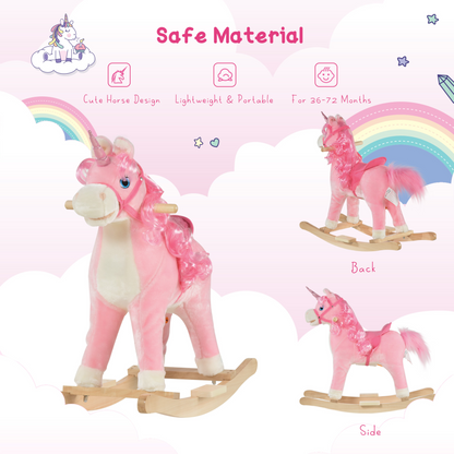 HOMCOM Kids Plush Rocking Horse Ride On Unicorn - Interactive Toy for Children 36-72 Months Pink - BEYRUN