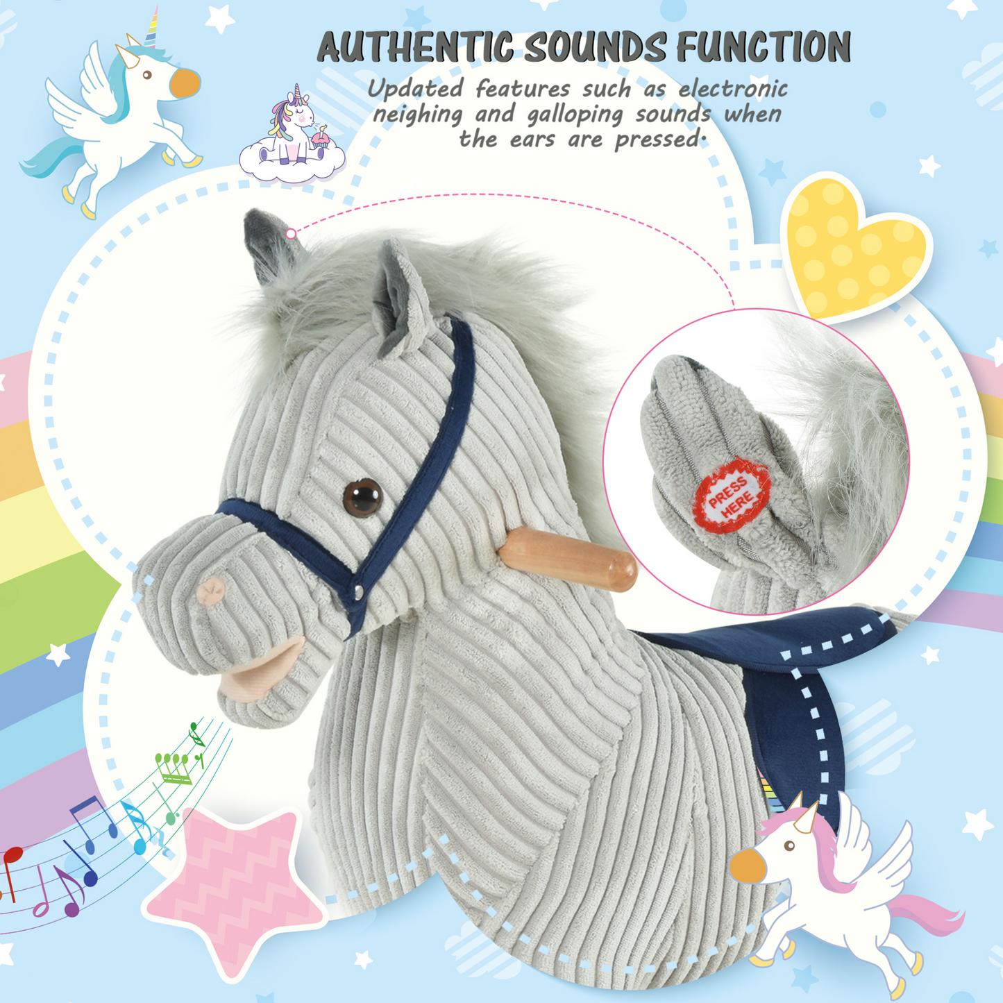 HOMCOM Kids Plush Rocking Horse w/ Sound | Children Rocker Ride On Toy Gift 36 - 72 Months Grey - BEYRUN