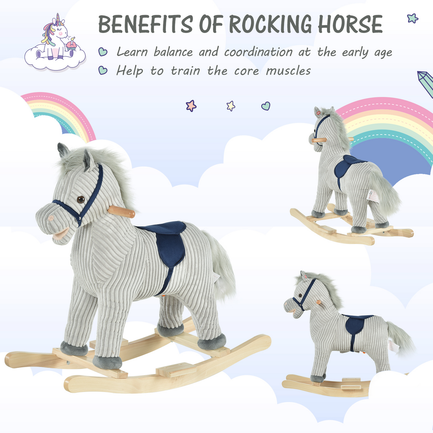 HOMCOM Kids Plush Rocking Horse w/ Sound | Children Rocker Ride On Toy Gift 36 - 72 Months Grey - BEYRUN