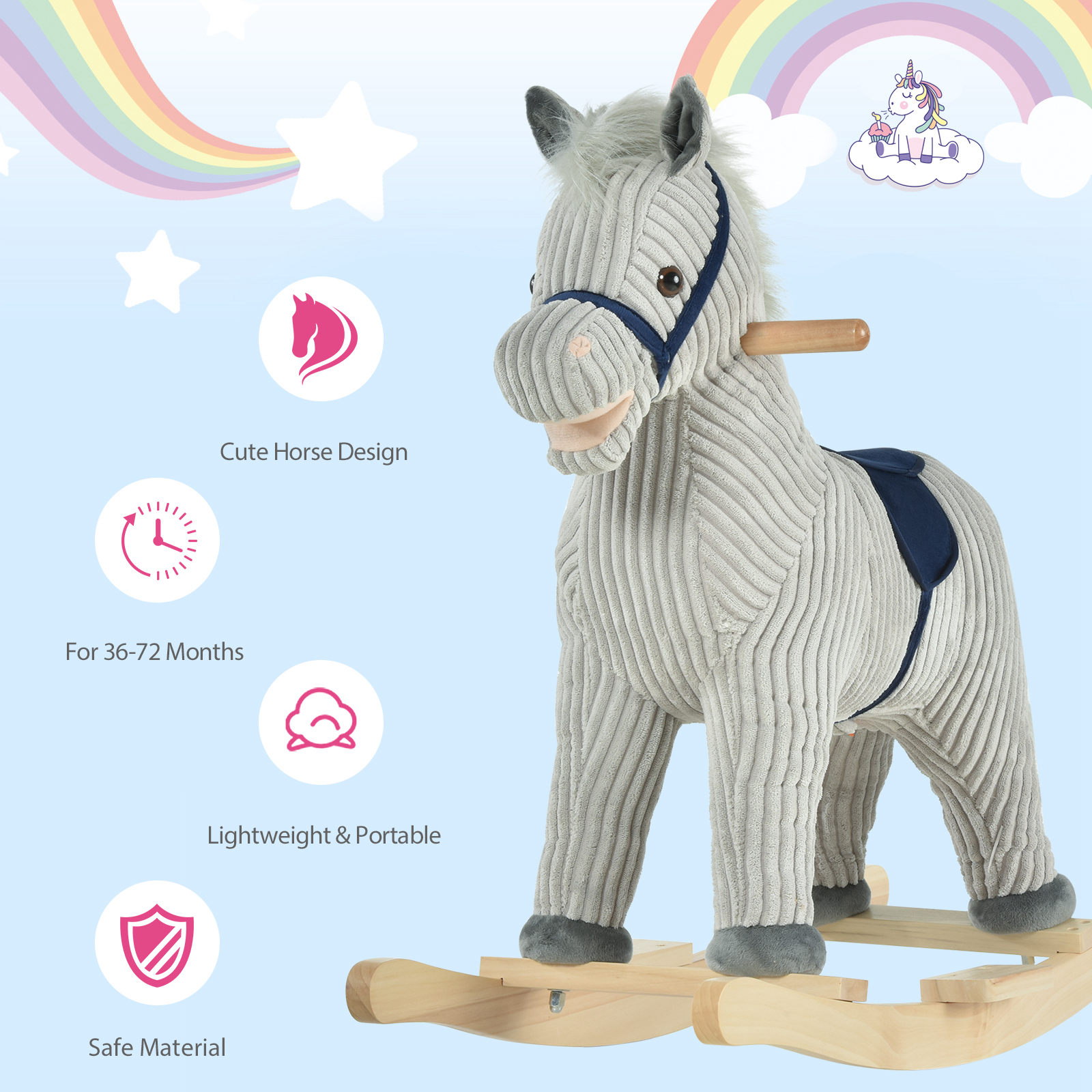 HOMCOM Kids Plush Rocking Horse w/ Sound | Children Rocker Ride On Toy Gift 36 - 72 Months Grey - BEYRUN