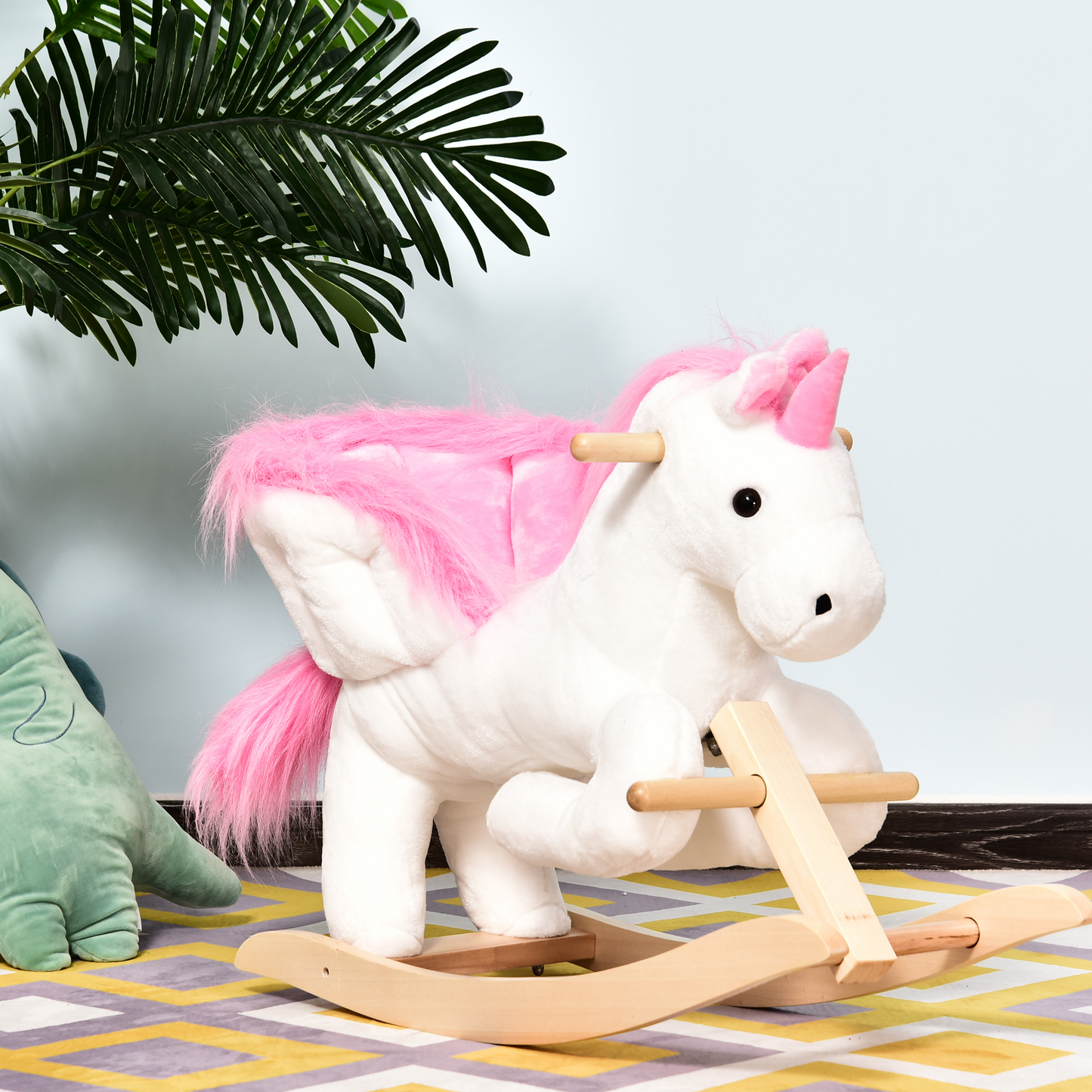 HOMCOM Kids Wooden Plush Ride On Unicorn Rocking Horse Chair Toy with Music - BEYRUN