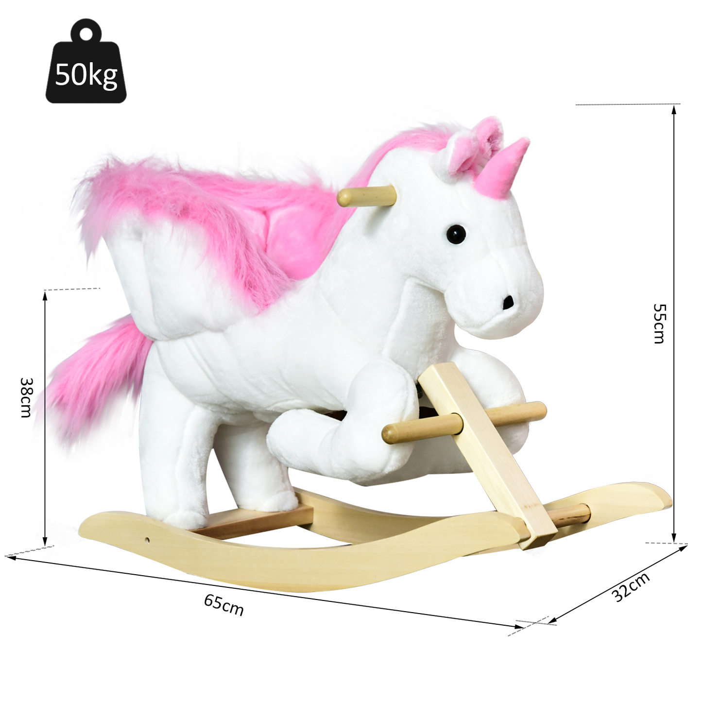 HOMCOM Kids Wooden Plush Ride On Unicorn Rocking Horse Chair Toy with Music - BEYRUN