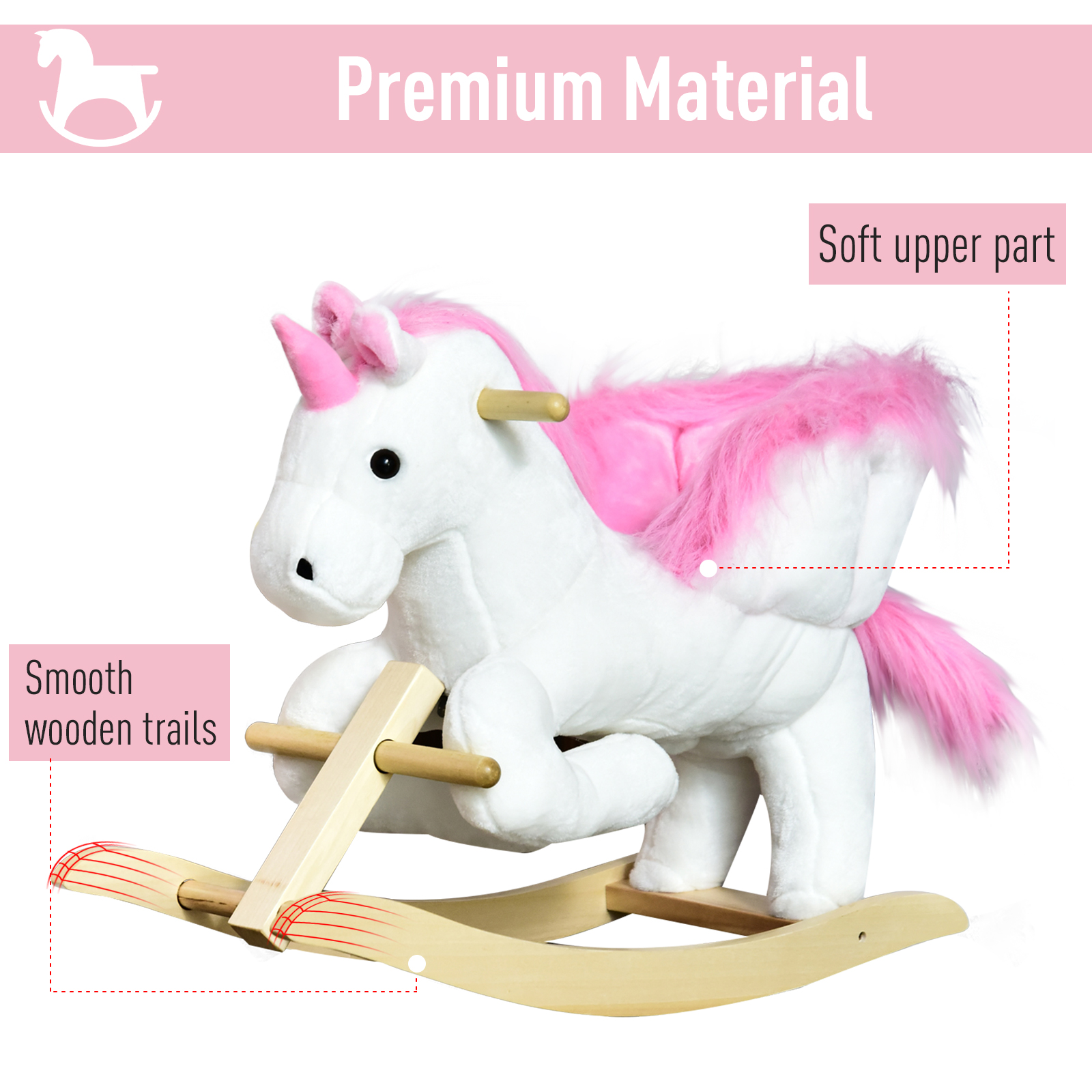 HOMCOM Kids Wooden Plush Ride On Unicorn Rocking Horse Chair Toy with Music - BEYRUN