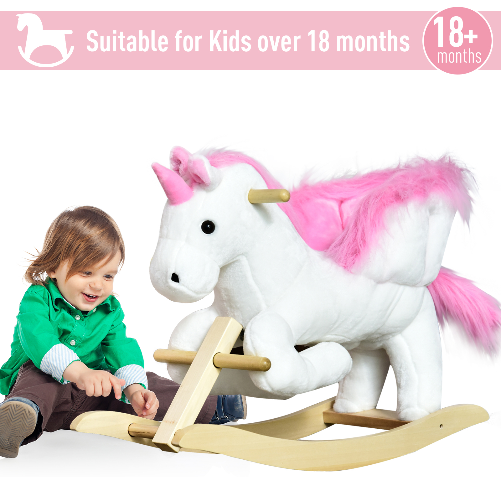 HOMCOM Kids Wooden Plush Ride On Unicorn Rocking Horse Chair Toy with Music - BEYRUN