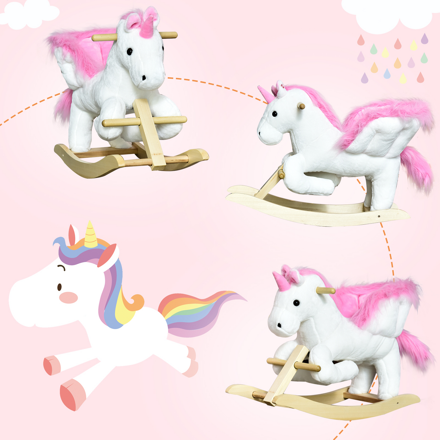 HOMCOM Kids Wooden Plush Ride On Unicorn Rocking Horse Chair Toy with Music - BEYRUN