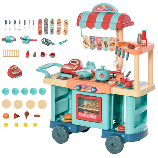 HOMCOM 50 Pcs Kids Kitchen Playset - Fast Food Trolley Cart with Cashier Register, Pretend Play Food & Accessories for Boys Girls Age 3-6 - BEYRUN