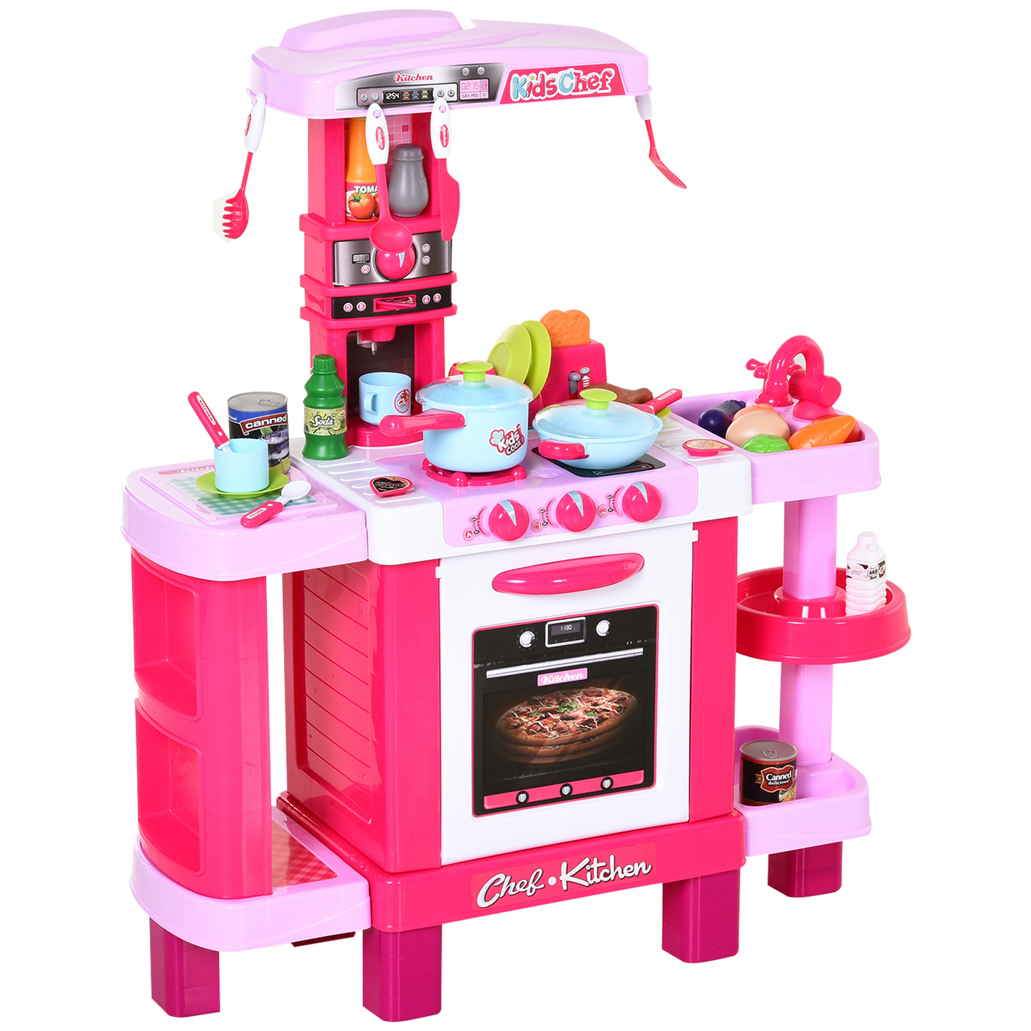 HOMCOM 38-Piece Kids Kitchen Play Set w/ Realistic Sounds - Pink - BEYRUN