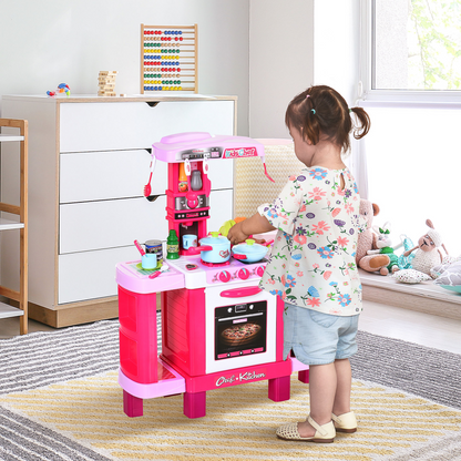 HOMCOM 38-Piece Kids Kitchen Play Set w/ Realistic Sounds - Pink - BEYRUN