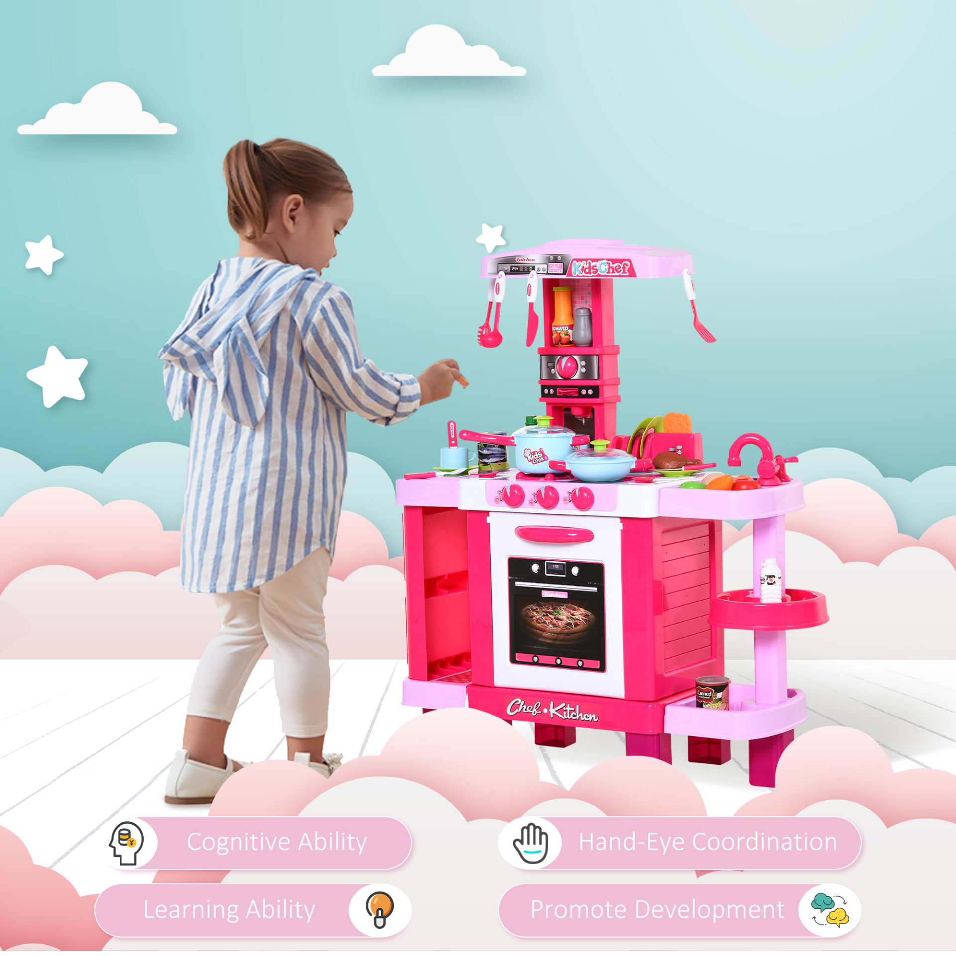 HOMCOM 38-Piece Kids Kitchen Play Set w/ Realistic Sounds - Pink - BEYRUN