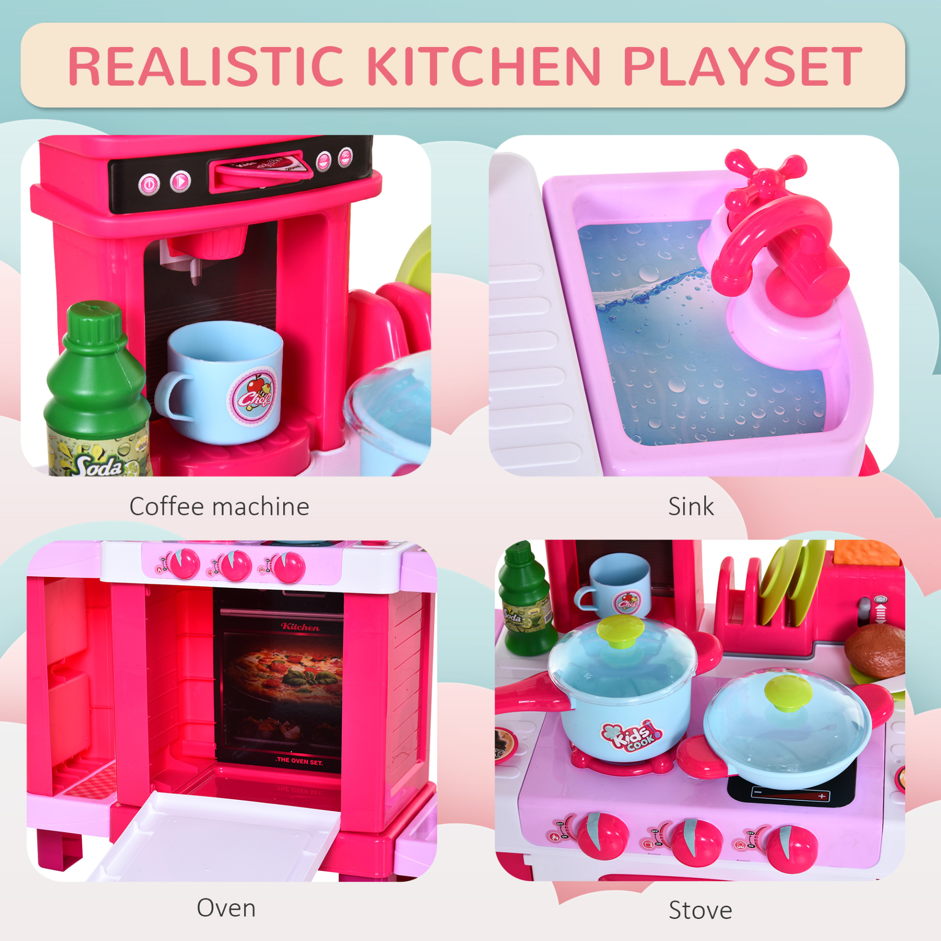 HOMCOM 38-Piece Kids Kitchen Play Set w/ Realistic Sounds - Pink - BEYRUN