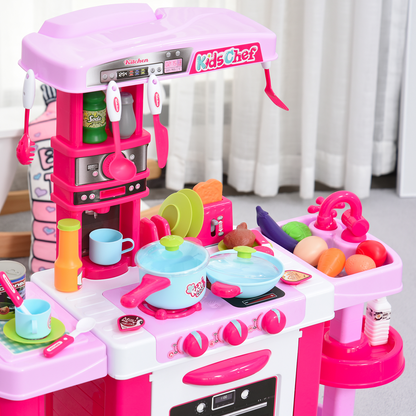 HOMCOM 38-Piece Kids Kitchen Play Set w/ Realistic Sounds - Pink - BEYRUN