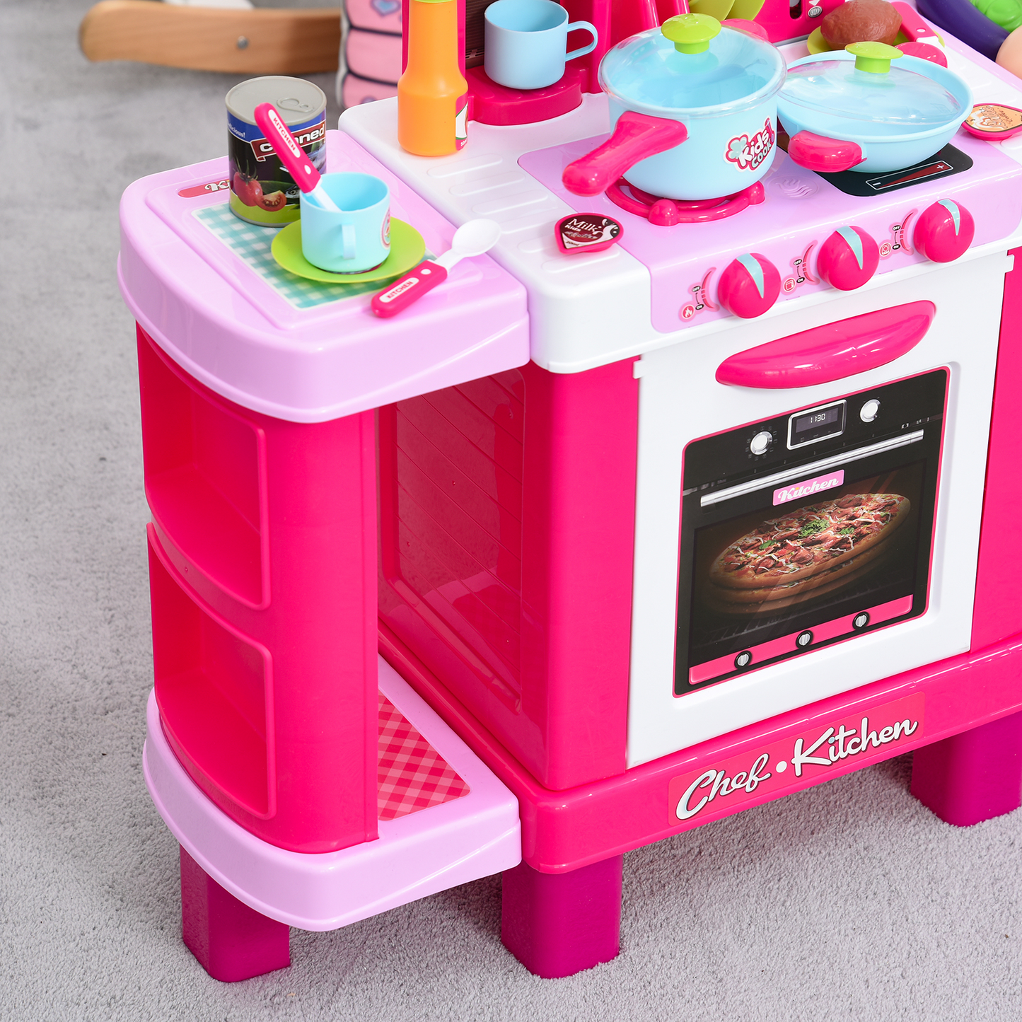 HOMCOM 38-Piece Kids Kitchen Play Set w/ Realistic Sounds - Pink - BEYRUN