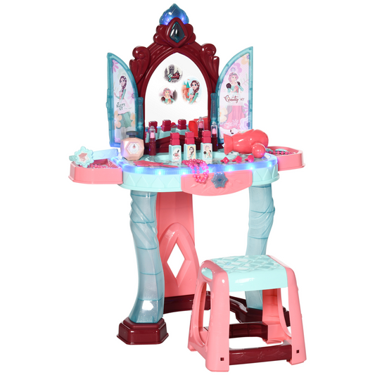 AIYAPLAY 31 Piece Kids Dressing Table Set - Princess Theme, Music & Light Features, Beauty Kit & Stool for Ages 3-6 - Blue and Pink - BEYRUN