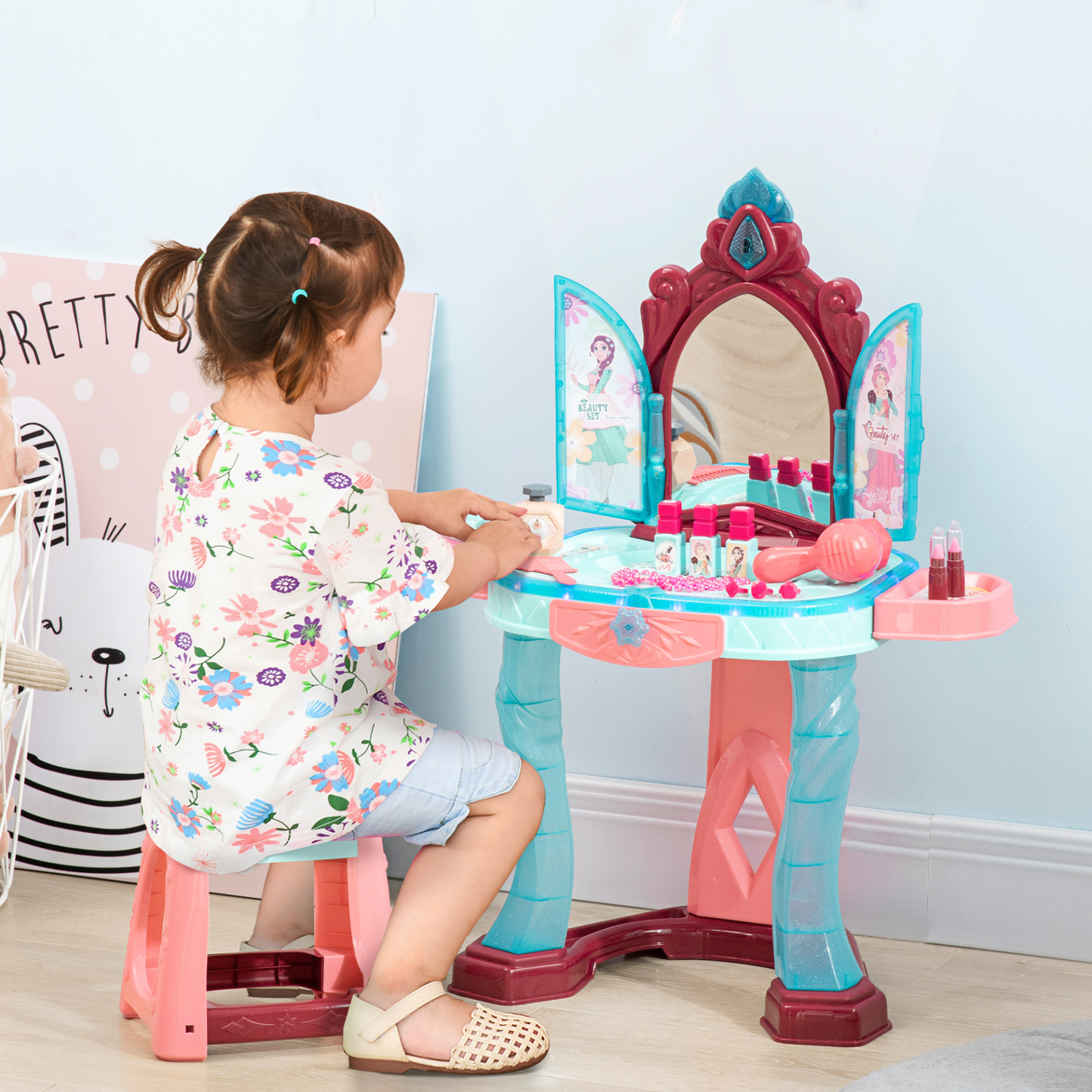 AIYAPLAY 31 Piece Kids Dressing Table Set - Princess Theme, Music & Light Features, Beauty Kit & Stool for Ages 3-6 - Blue and Pink - BEYRUN