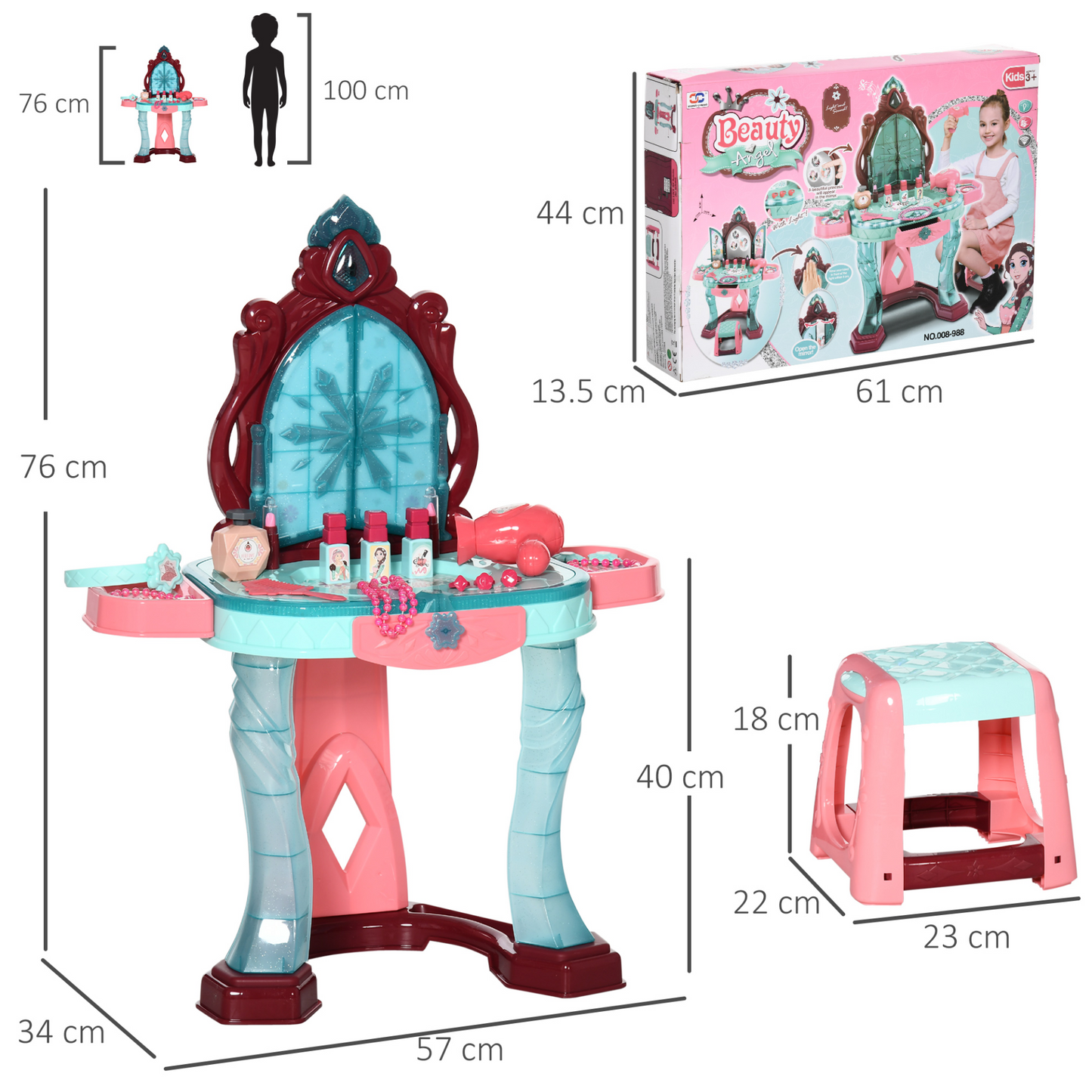 AIYAPLAY 31 Piece Kids Dressing Table Set - Princess Theme, Music & Light Features, Beauty Kit & Stool for Ages 3-6 - Blue and Pink - BEYRUN