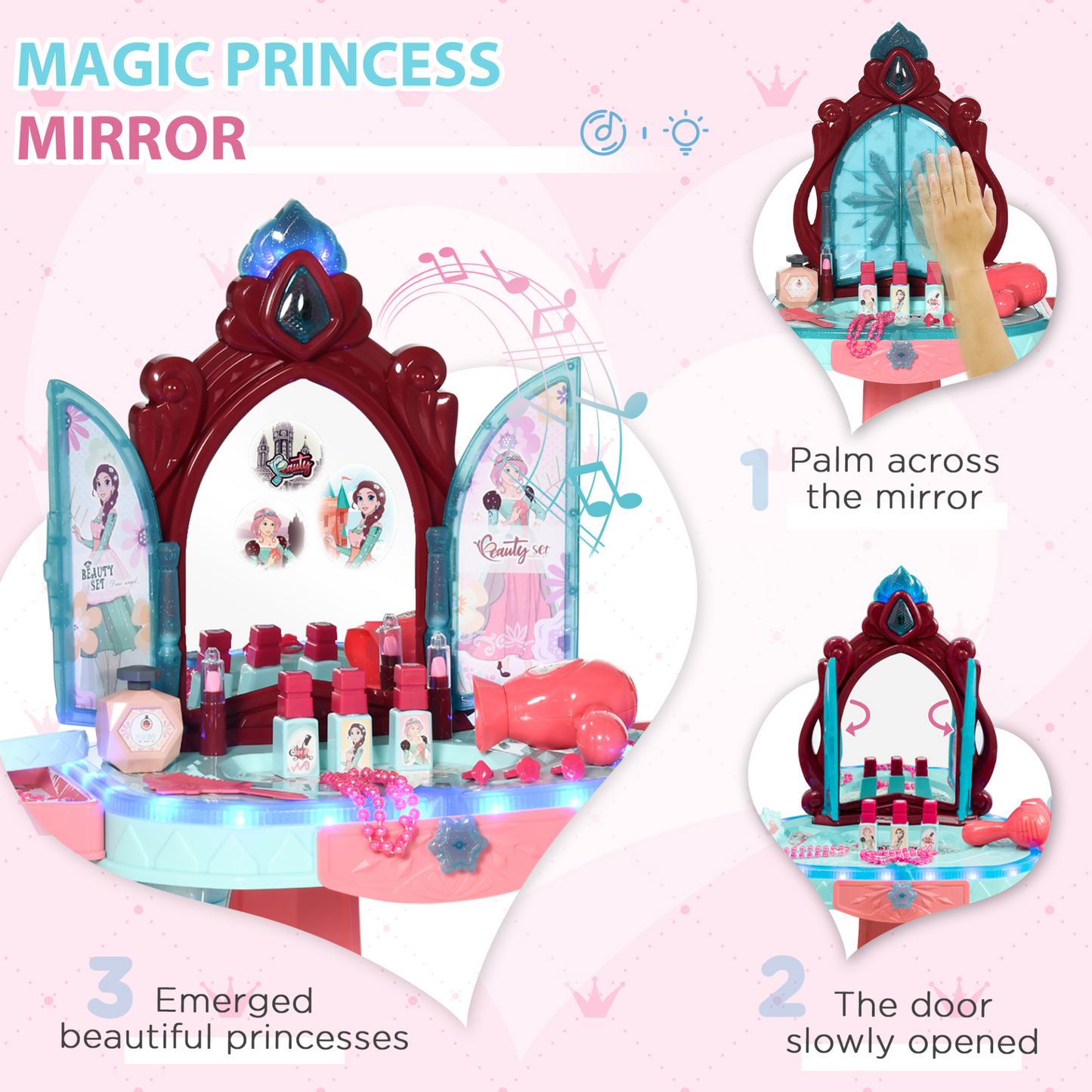 AIYAPLAY 31 Piece Kids Dressing Table Set - Princess Theme, Music & Light Features, Beauty Kit & Stool for Ages 3-6 - Blue and Pink - BEYRUN