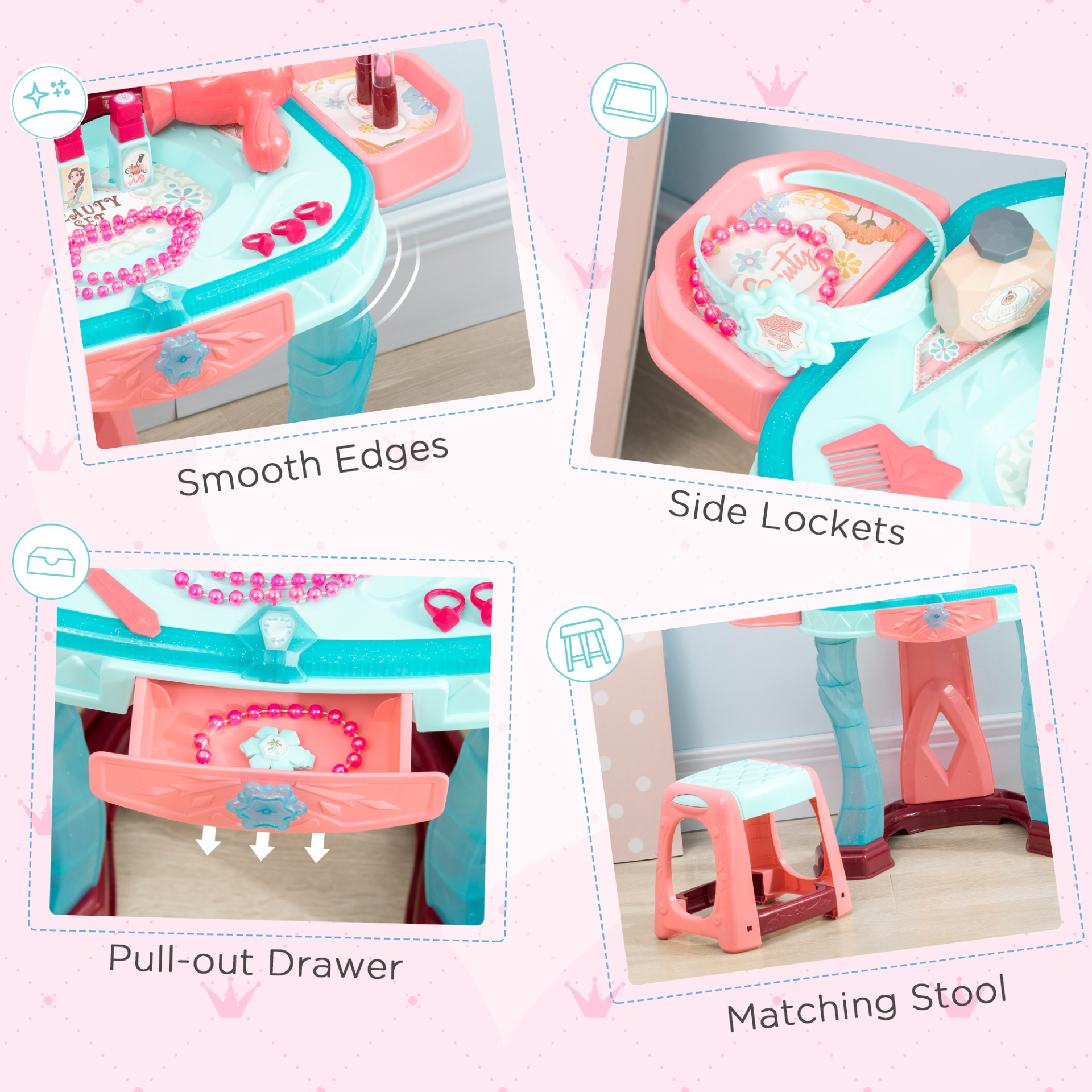 AIYAPLAY 31 Piece Kids Dressing Table Set - Princess Theme, Music & Light Features, Beauty Kit & Stool for Ages 3-6 - Blue and Pink - BEYRUN