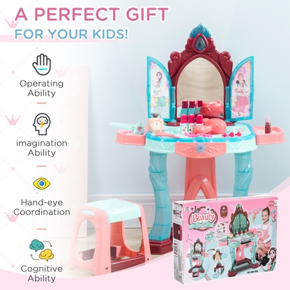 AIYAPLAY 31 Piece Kids Dressing Table Set - Princess Theme, Music & Light Features, Beauty Kit & Stool for Ages 3-6 - Blue and Pink - BEYRUN