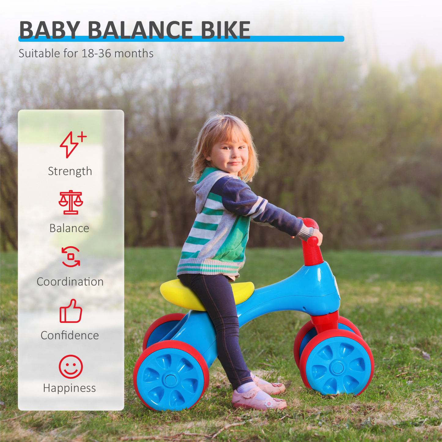 HOMCOM Baby Balance Bike Toddler for Aged 1.5-3 Years | Training Walker with Smooth Rubber Wheels | Ride-on Toy with Storage Bin | Gift for Boys Girls Blue Red - BEYRUN