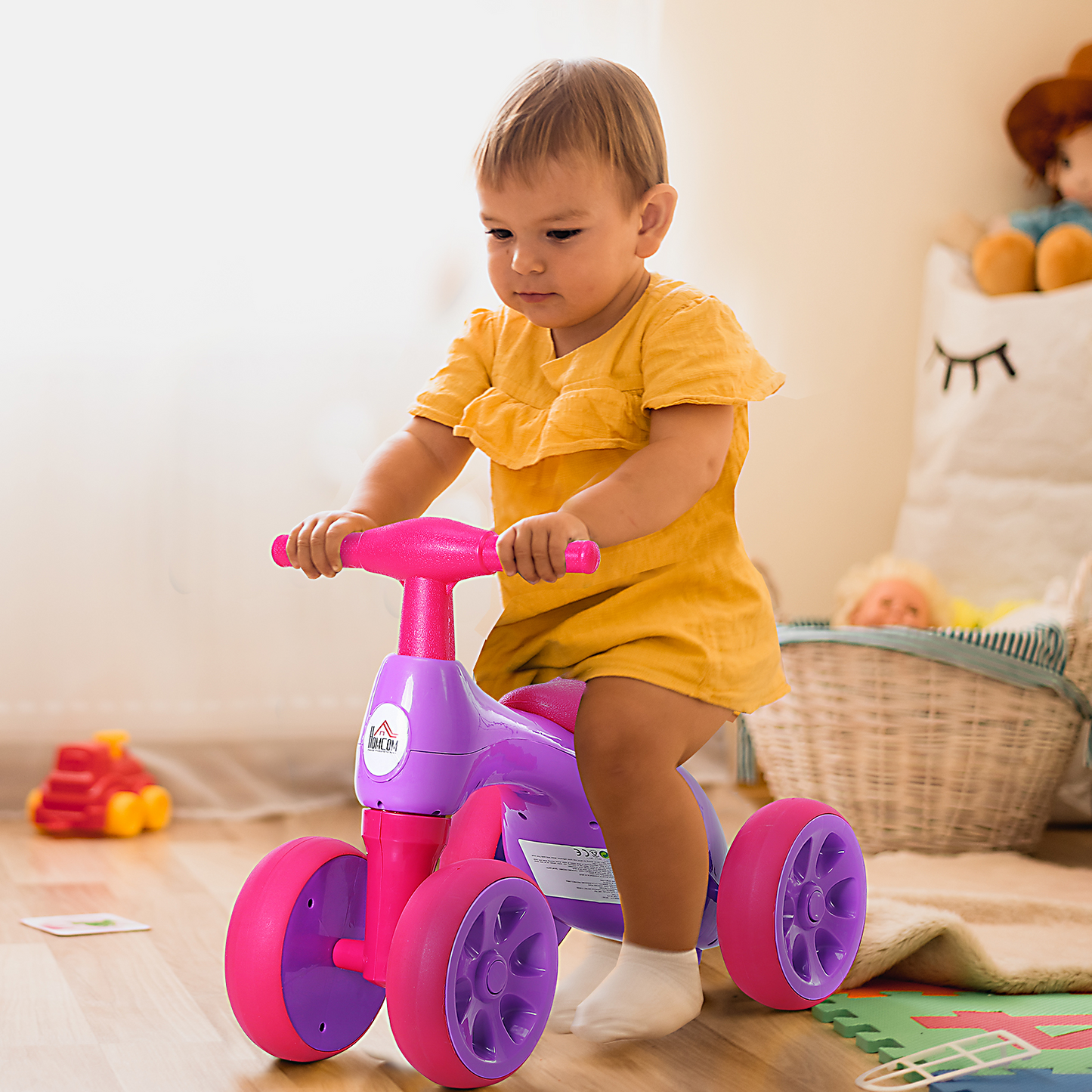 HOMCOM Baby Balance Bike Toddler Training Walker | Smooth Rubber Wheels | Ride on Toy Storage Bin | Gift for Boys Girls Violet Fuchsia - BEYRUN