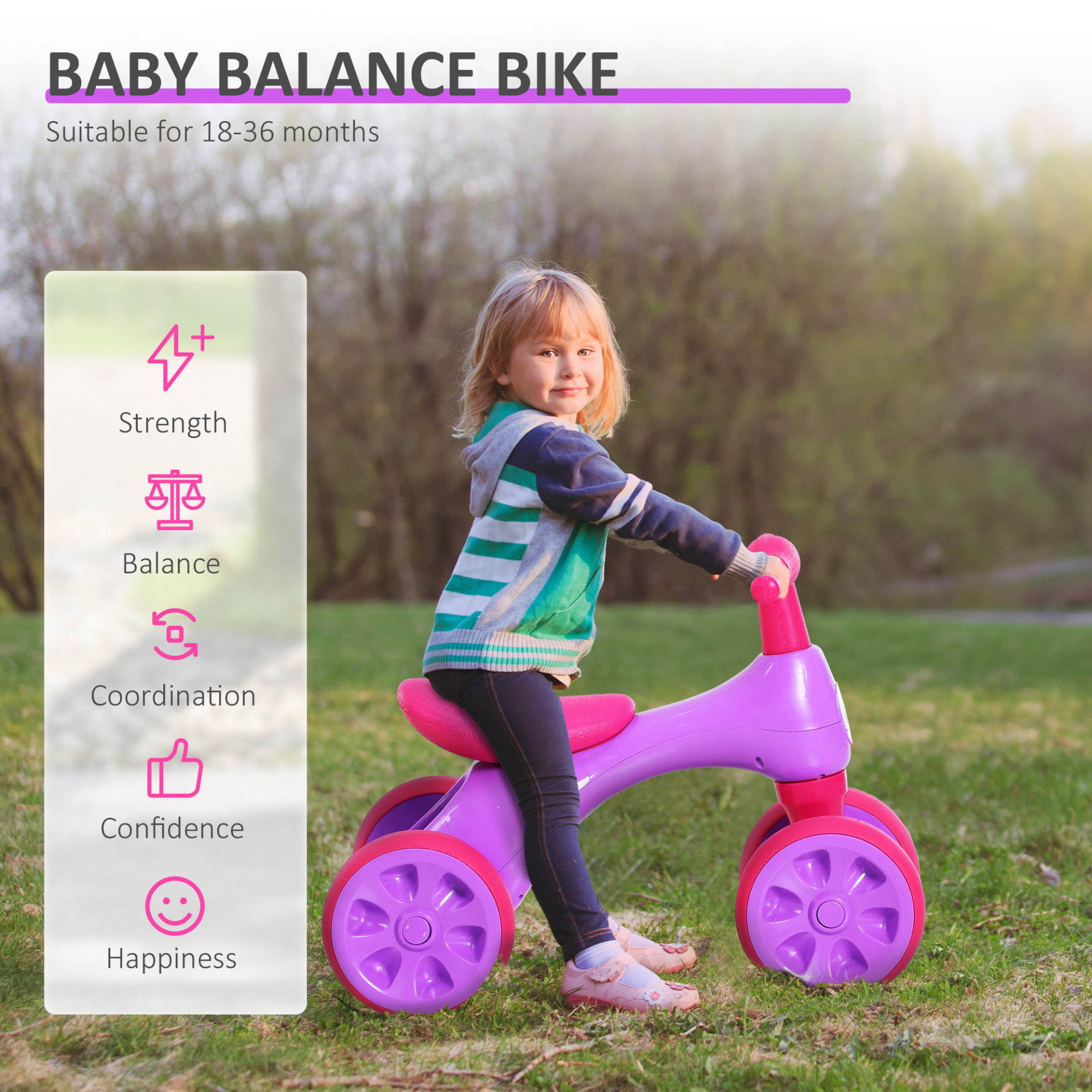 HOMCOM Baby Balance Bike Toddler Training Walker | Smooth Rubber Wheels | Ride on Toy Storage Bin | Gift for Boys Girls Violet Fuchsia - BEYRUN