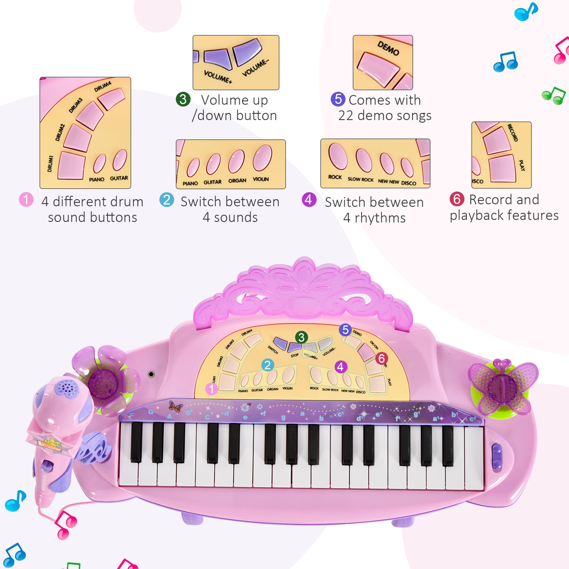 HOMCOM 32 Keys Kids Mini Electronic Keyboard Musical Instrument Educational Game Toy Children Grand Piano Stool Microphone - BEYRUN