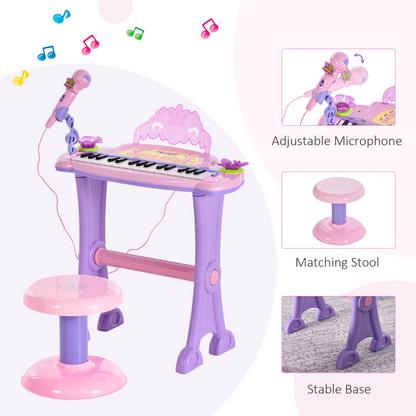 HOMCOM 32 Keys Kids Mini Electronic Keyboard Musical Instrument Educational Game Toy Children Grand Piano Stool Microphone - BEYRUN