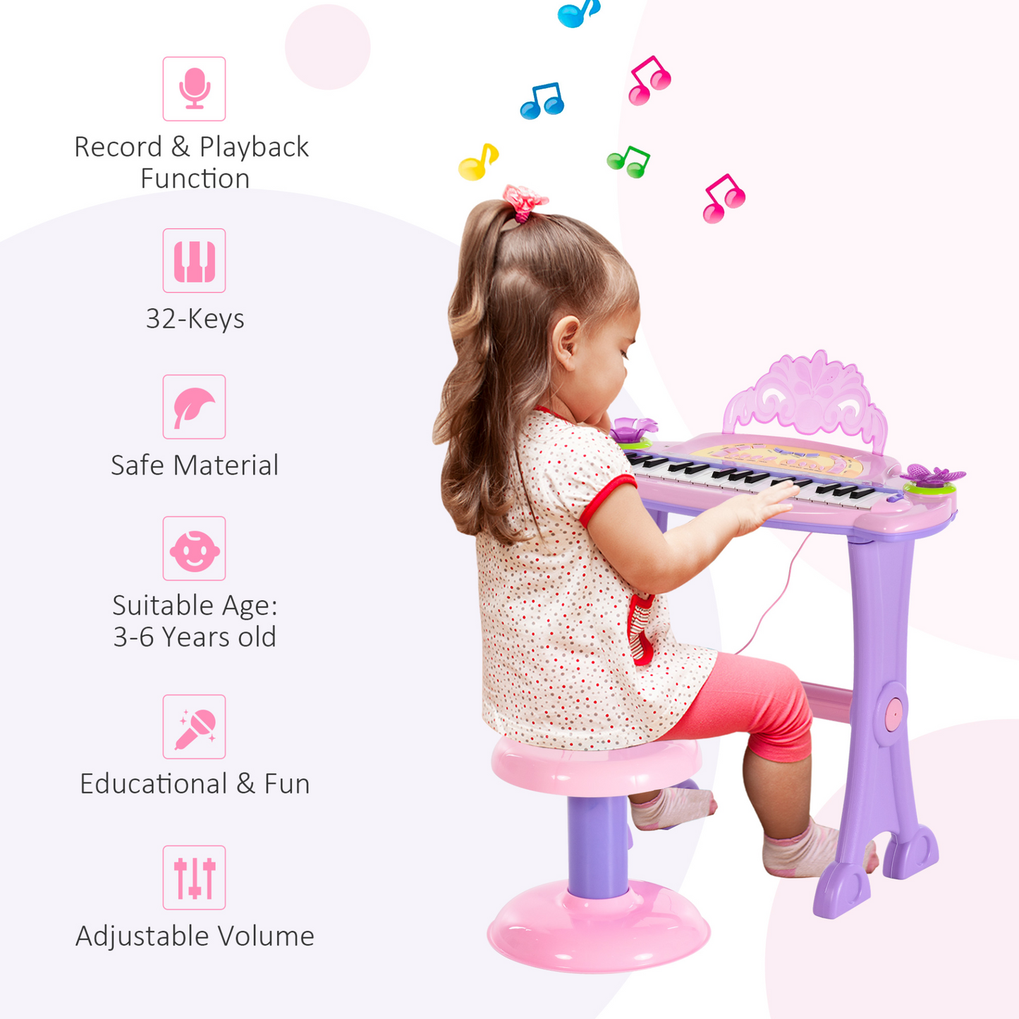 HOMCOM 32 Keys Kids Mini Electronic Keyboard Musical Instrument Educational Game Toy Children Grand Piano Stool Microphone - BEYRUN