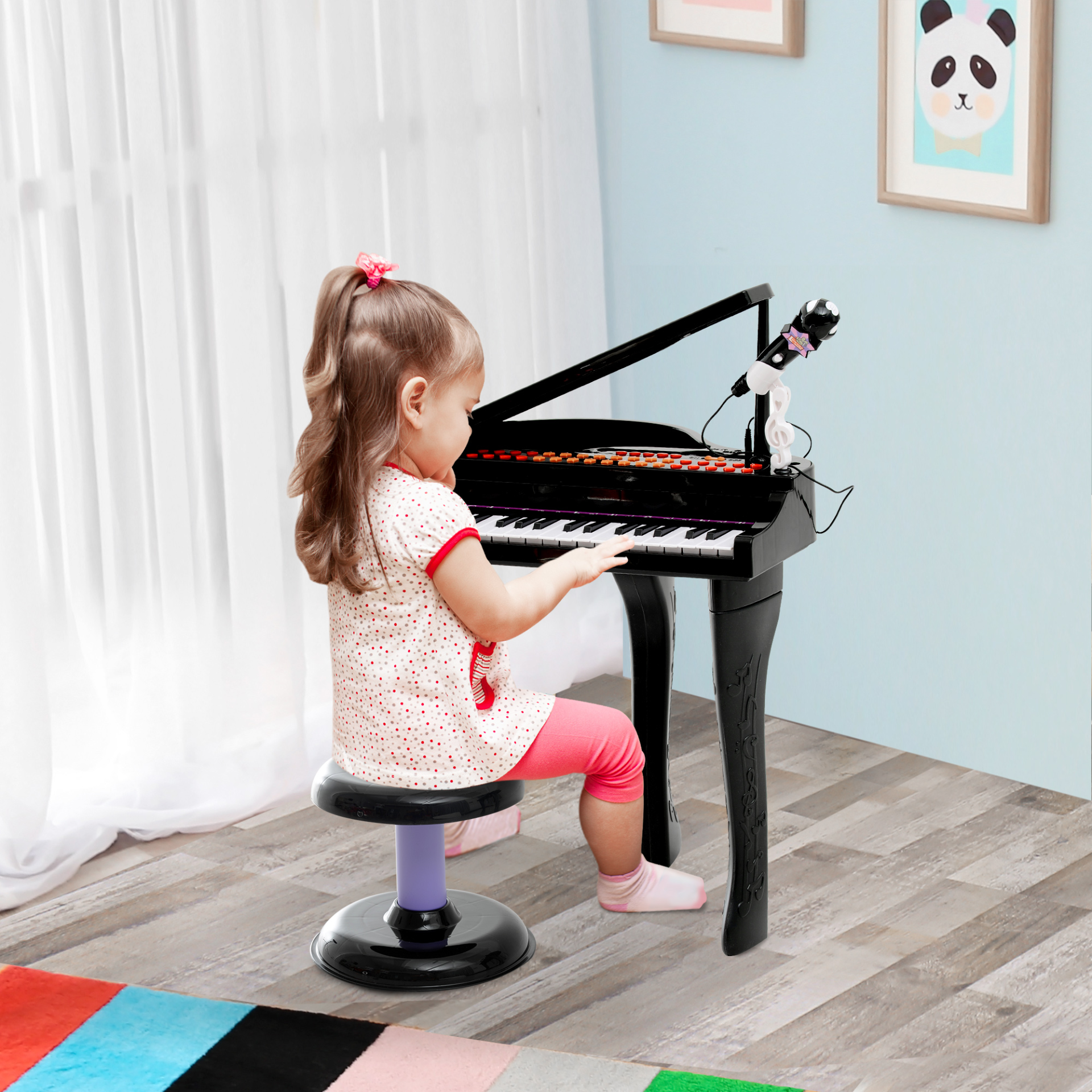 HOMCOM 37 Keys Kids Mini Electronic Keyboard Children Grand Piano with Stool Microphone Light Musical Instrument Educational Game Toy Set (Black) - BEYRUN