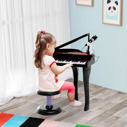 HOMCOM 37 Keys Kids Mini Electronic Keyboard Children Grand Piano with Stool Microphone Light Musical Instrument Educational Game Toy Set (Black) - BEYRUN