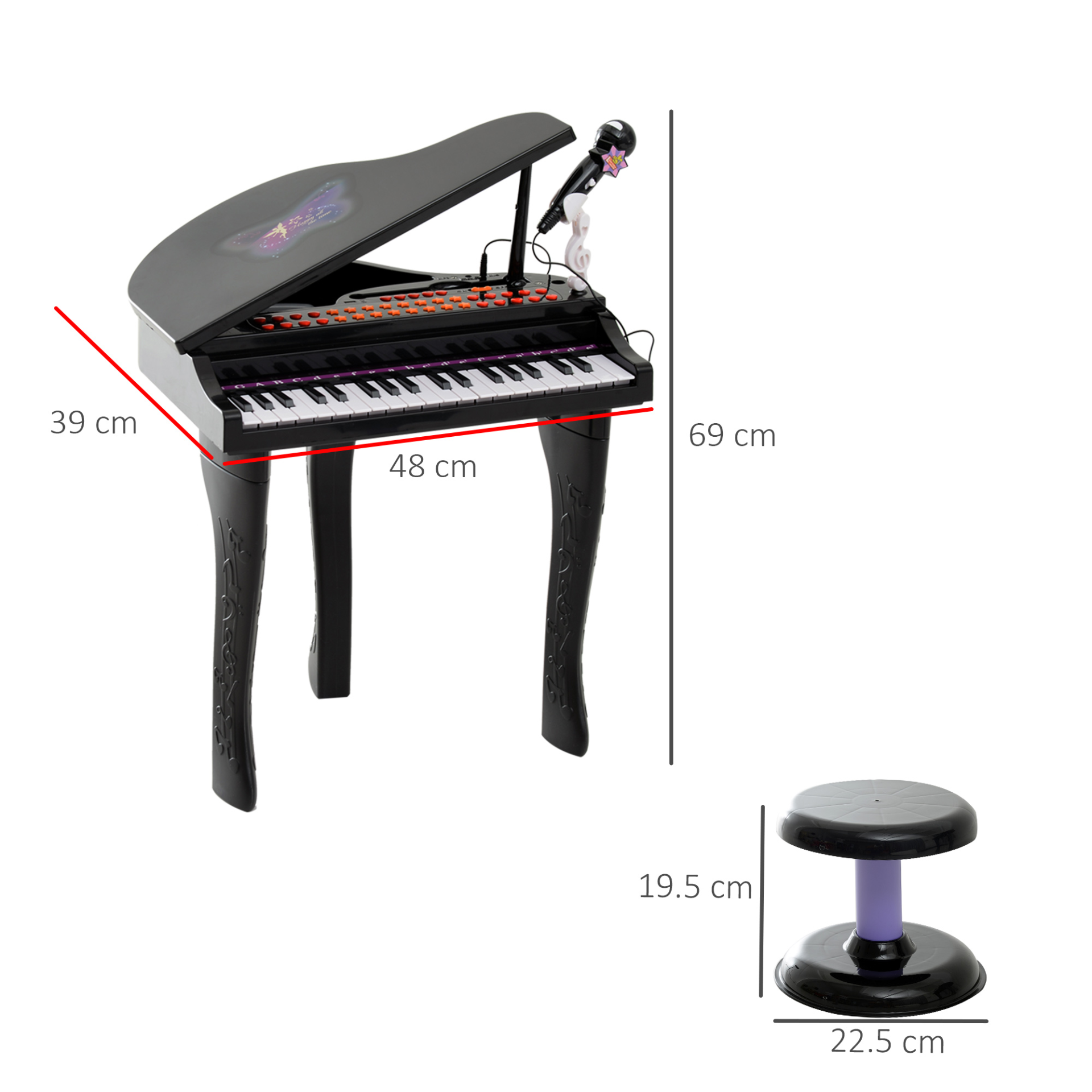 HOMCOM 37 Keys Kids Mini Electronic Keyboard Children Grand Piano with Stool Microphone Light Musical Instrument Educational Game Toy Set (Black) - BEYRUN