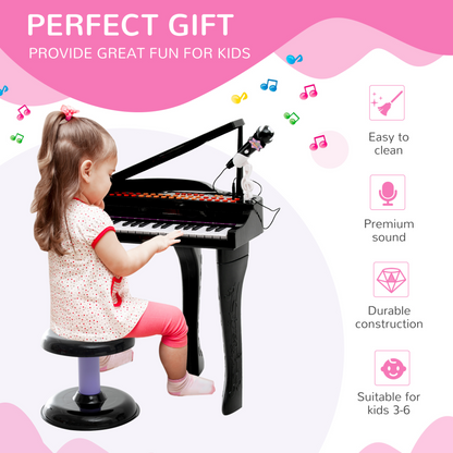 HOMCOM 37 Keys Kids Mini Electronic Keyboard Children Grand Piano with Stool Microphone Light Musical Instrument Educational Game Toy Set (Black) - BEYRUN