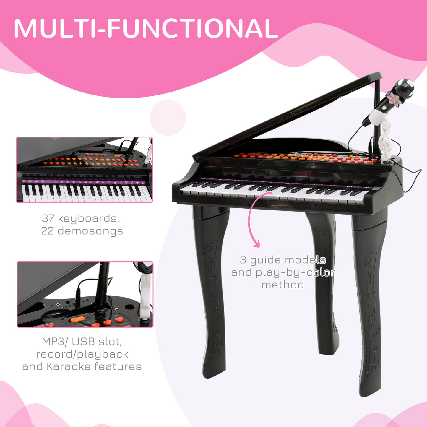 HOMCOM 37 Keys Kids Mini Electronic Keyboard Children Grand Piano with Stool Microphone Light Musical Instrument Educational Game Toy Set (Black) - BEYRUN