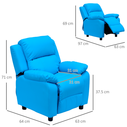 HOMCOM Blue PU Leather Kids Recliner Chair with Storage | Ideal Children's Lounge Armchair | Game Sofa for Kids Ages 3-6 - BEYRUN