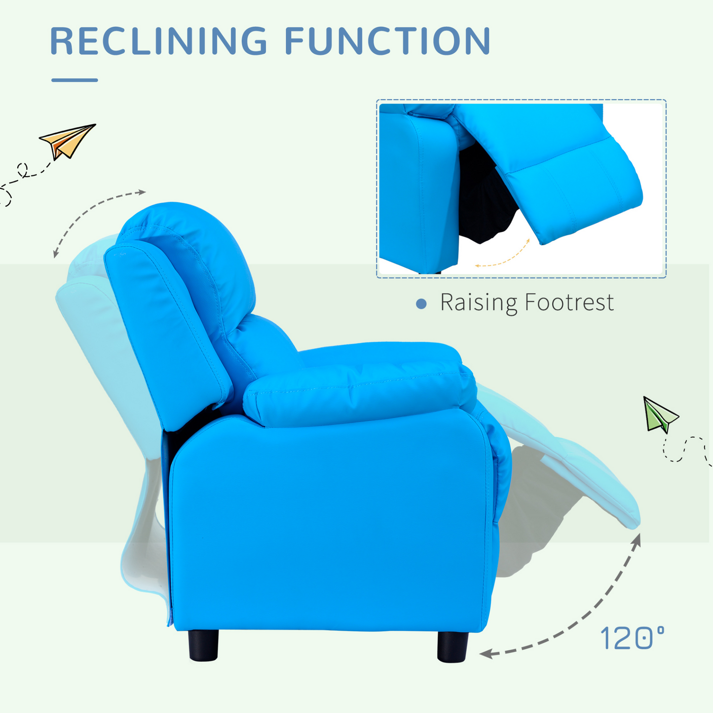 HOMCOM Blue PU Leather Kids Recliner Chair with Storage | Ideal Children's Lounge Armchair | Game Sofa for Kids Ages 3-6 - BEYRUN