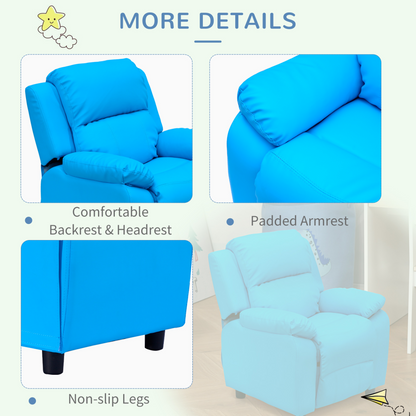 HOMCOM Blue PU Leather Kids Recliner Chair with Storage | Ideal Children's Lounge Armchair | Game Sofa for Kids Ages 3-6 - BEYRUN