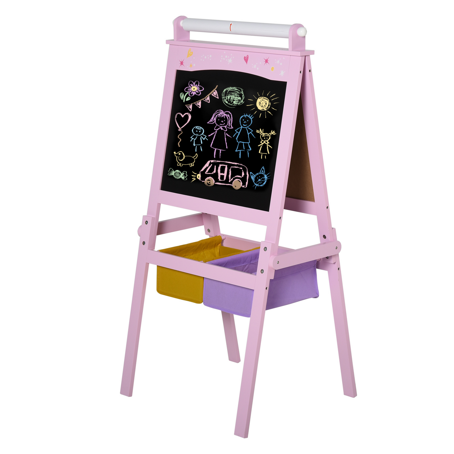 HOMCOM 3-in-1 Kids Wooden Art Easel with Paper Roll, Double-Sided Chalkboard & Whiteboard, Storage Baskets, Pink - BEYRUN