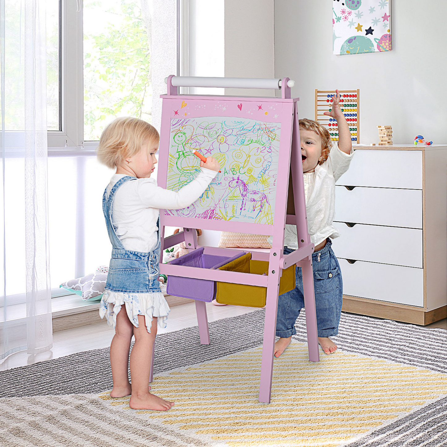 HOMCOM 3-in-1 Kids Wooden Art Easel with Paper Roll, Double-Sided Chalkboard & Whiteboard, Storage Baskets, Pink - BEYRUN